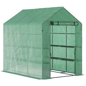Outsunny 7' x 5' x 6.5' Walk-in Greenhouse, PE Cover, 3-Tier Shelves, Steel Frame Hot house, Roll-Up Zipper Door for Flowers, Vegetables, Saplings